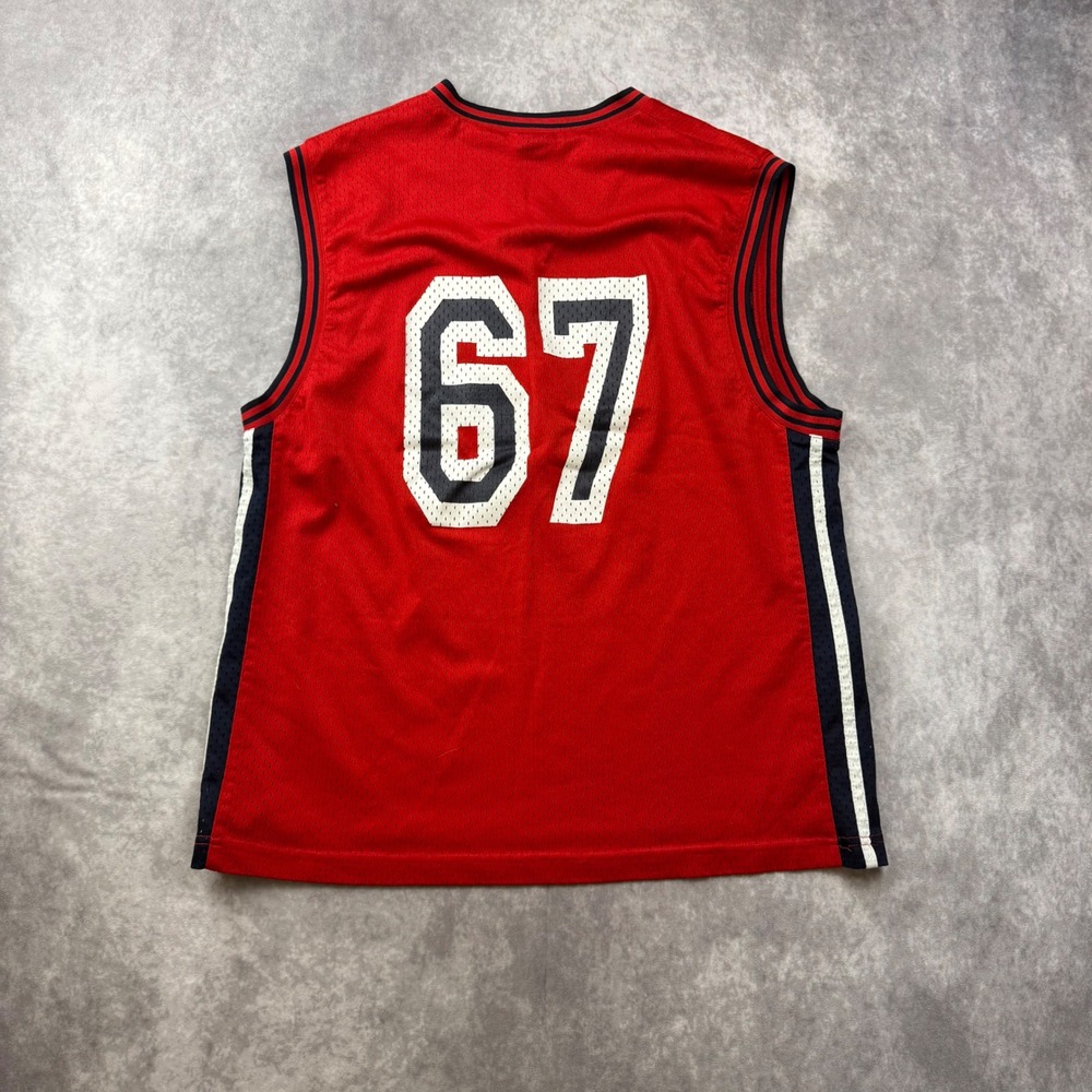 Mens Red Mesh Basketball Jersey V-Neck Star Size L 67